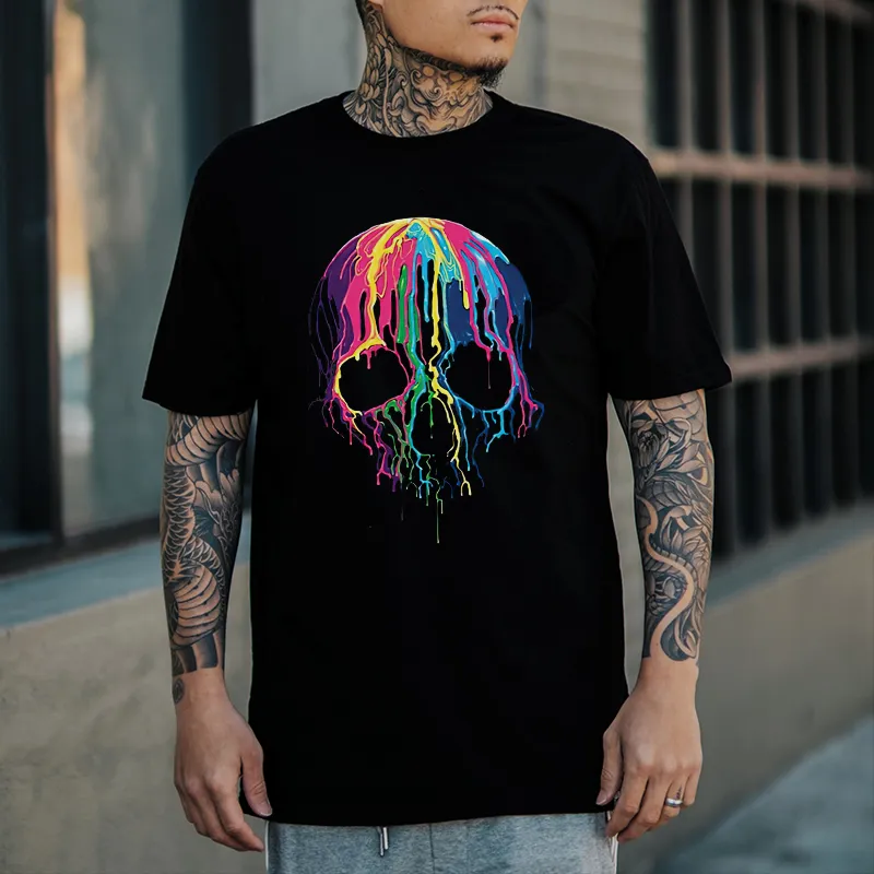 Rainbow Pigment on the Skull Black Print Men's T-shirt
