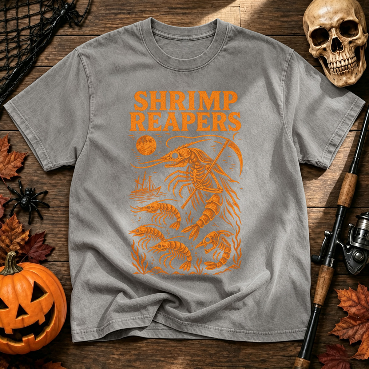 Hrimp Reaper Halloween Fishing Washed T-Shirt