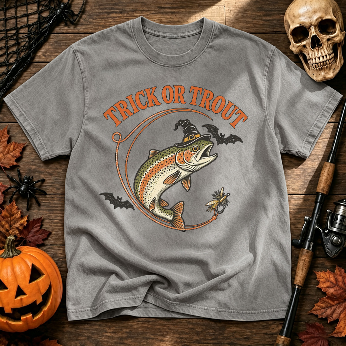 Witch Trout Halloween Fishing Washed T-Shirt
