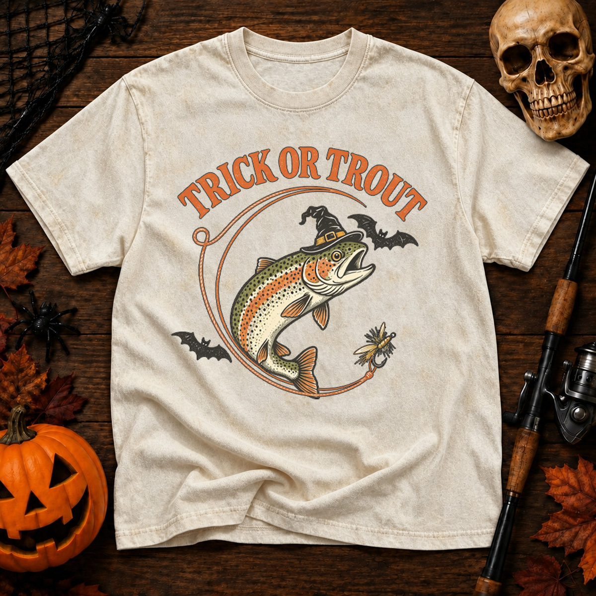 Witch Trout Halloween Fishing Washed T-Shirt