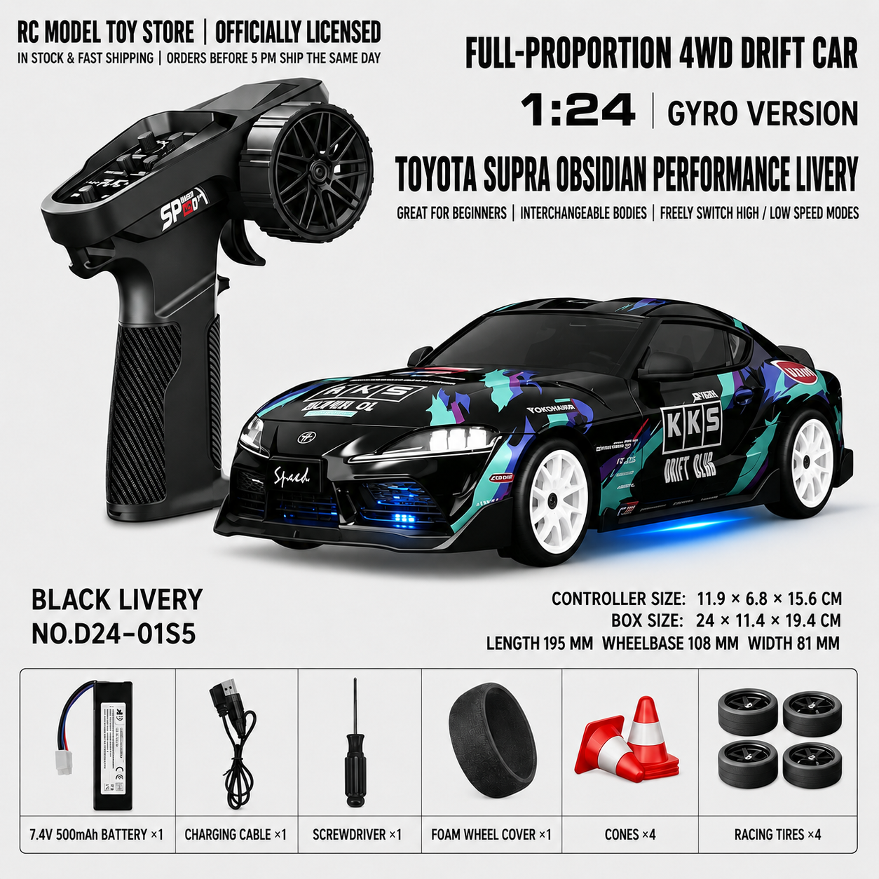 Toyota GR Supra&Dodge Challenger&Porsche 911 GT3 RS&Subaru WRX STI&Toyota AE86 Trueno 1:24 Scale 4WD RC Drift Car – Full Proportional Mini Drift Racing Car with Adjustable Speed