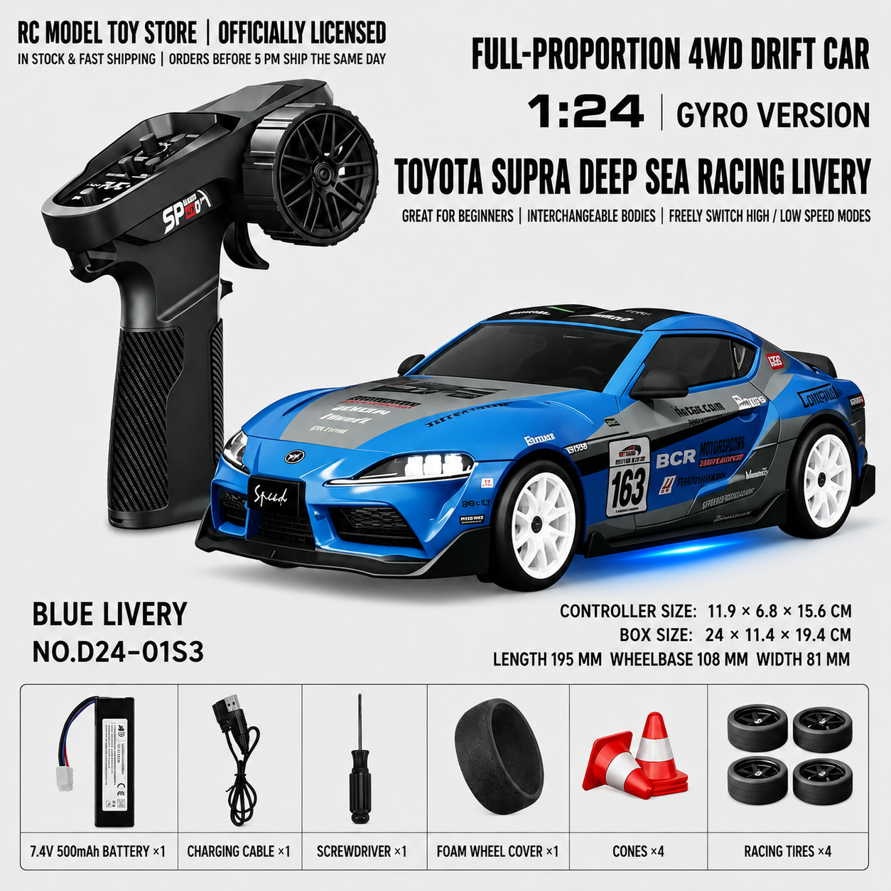 Toyota GR Supra&Dodge Challenger&Porsche 911 GT3 RS&Subaru WRX STI&Toyota AE86 Trueno 1:24 Scale 4WD RC Drift Car – Full Proportional Mini Drift Racing Car with Adjustable Speed