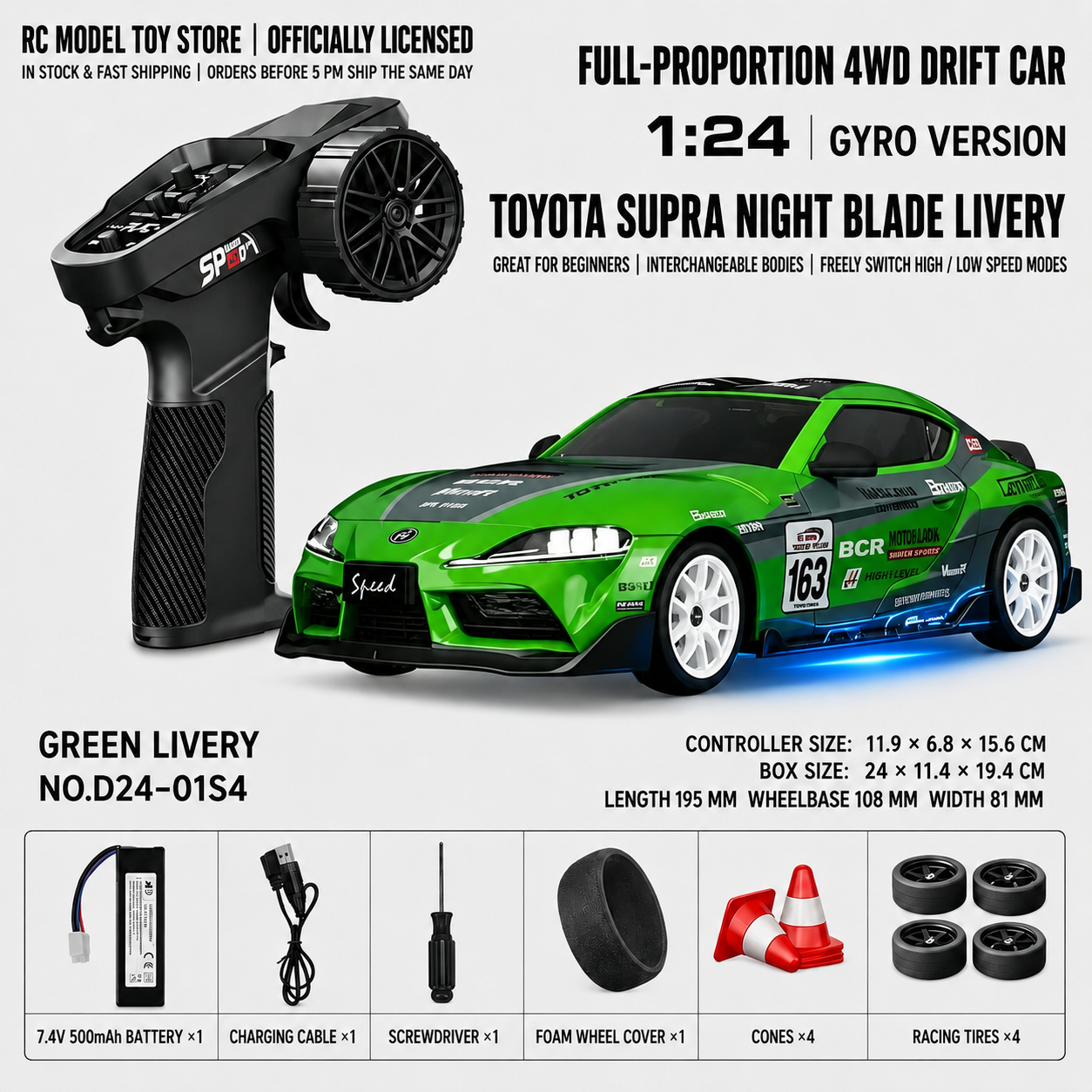 Toyota GR Supra&Dodge Challenger&Porsche 911 GT3 RS&Subaru WRX STI&Toyota AE86 Trueno 1:24 Scale 4WD RC Drift Car – Full Proportional Mini Drift Racing Car with Adjustable Speed