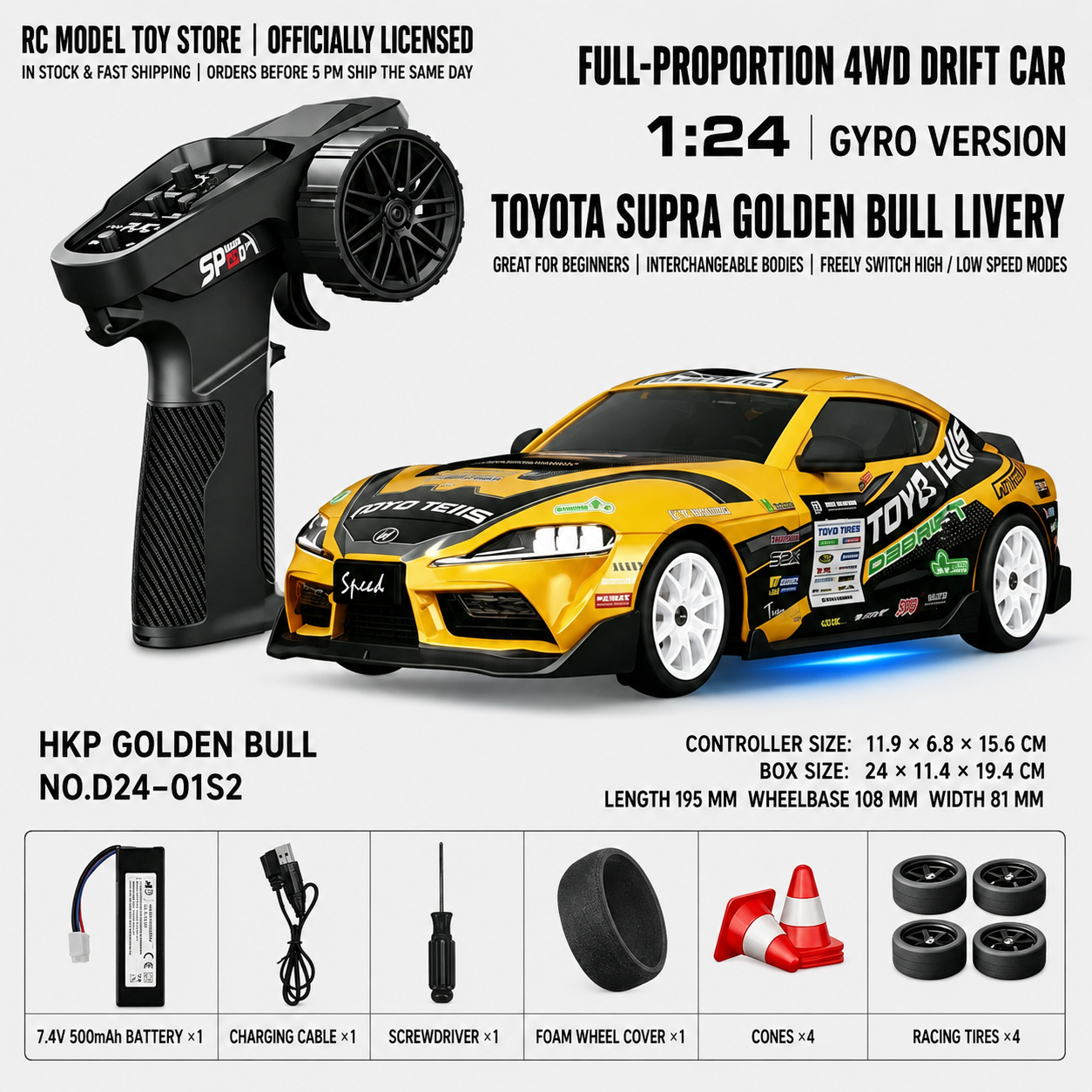 Toyota GR Supra&Dodge Challenger&Porsche 911 GT3 RS&Subaru WRX STI&Toyota AE86 Trueno 1:24 Scale 4WD RC Drift Car – Full Proportional Mini Drift Racing Car with Adjustable Speed