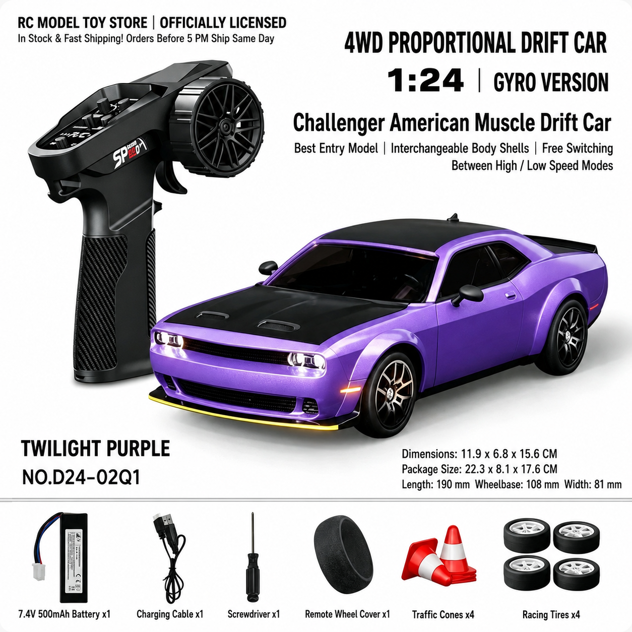 Toyota GR Supra&Dodge Challenger&Porsche 911 GT3 RS&Subaru WRX STI&Toyota AE86 Trueno 1:24 Scale 4WD RC Drift Car – Full Proportional Mini Drift Racing Car with Adjustable Speed