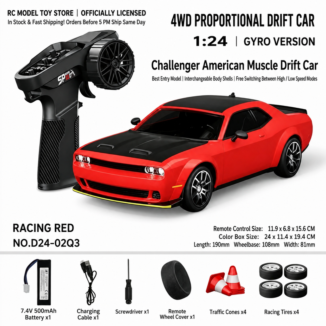 Toyota GR Supra&Dodge Challenger&Porsche 911 GT3 RS&Subaru WRX STI&Toyota AE86 Trueno 1:24 Scale 4WD RC Drift Car – Full Proportional Mini Drift Racing Car with Adjustable Speed