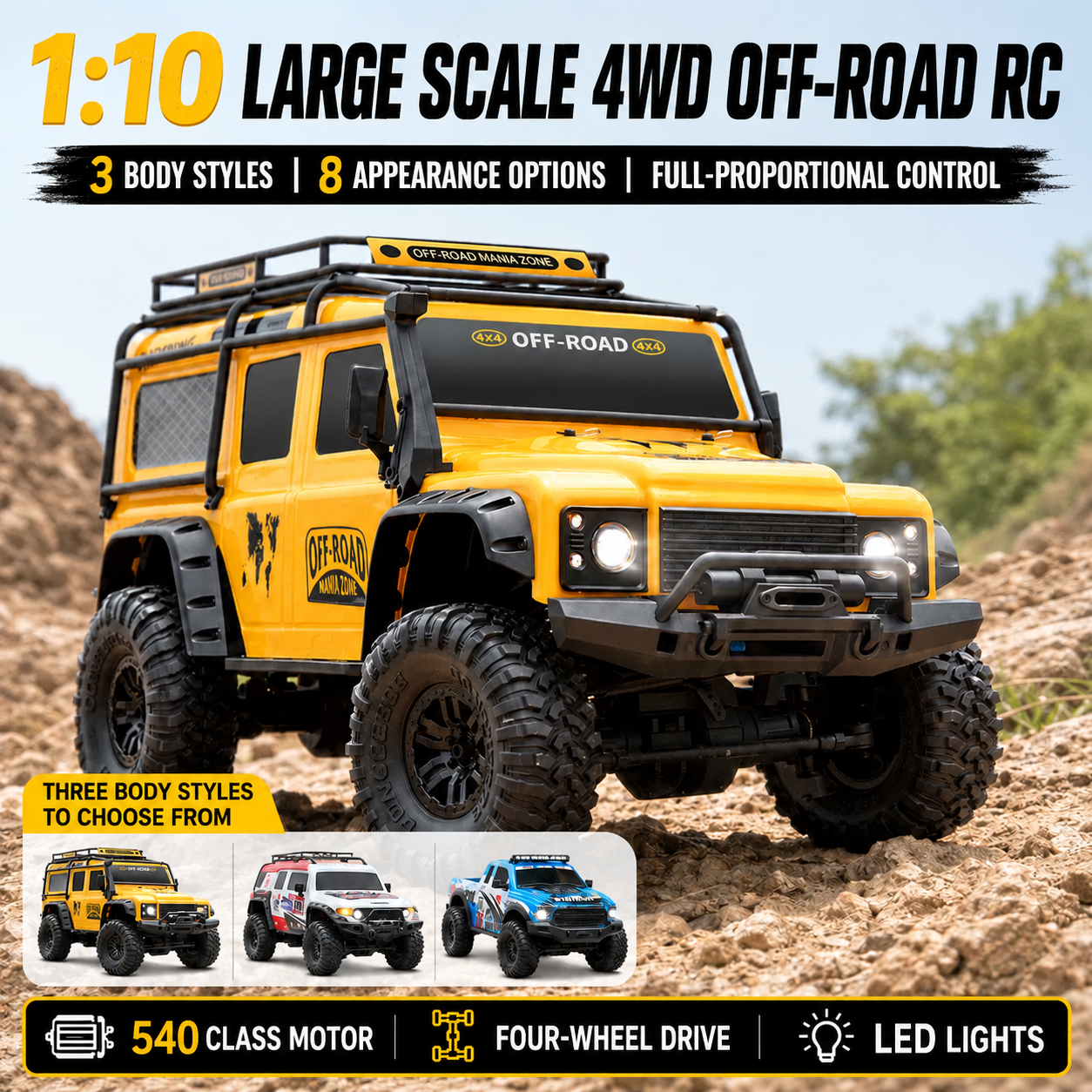 1:10 Scale 4WD RC Off-Road Rock Crawler with Lights – Full-Function Remote Control Toy Truck