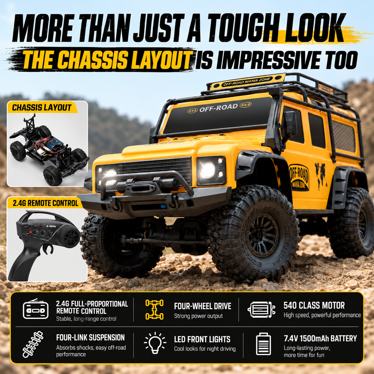 1:10 Scale 4WD RC Off-Road Rock Crawler with Lights – Full-Function Remote Control Toy Truck