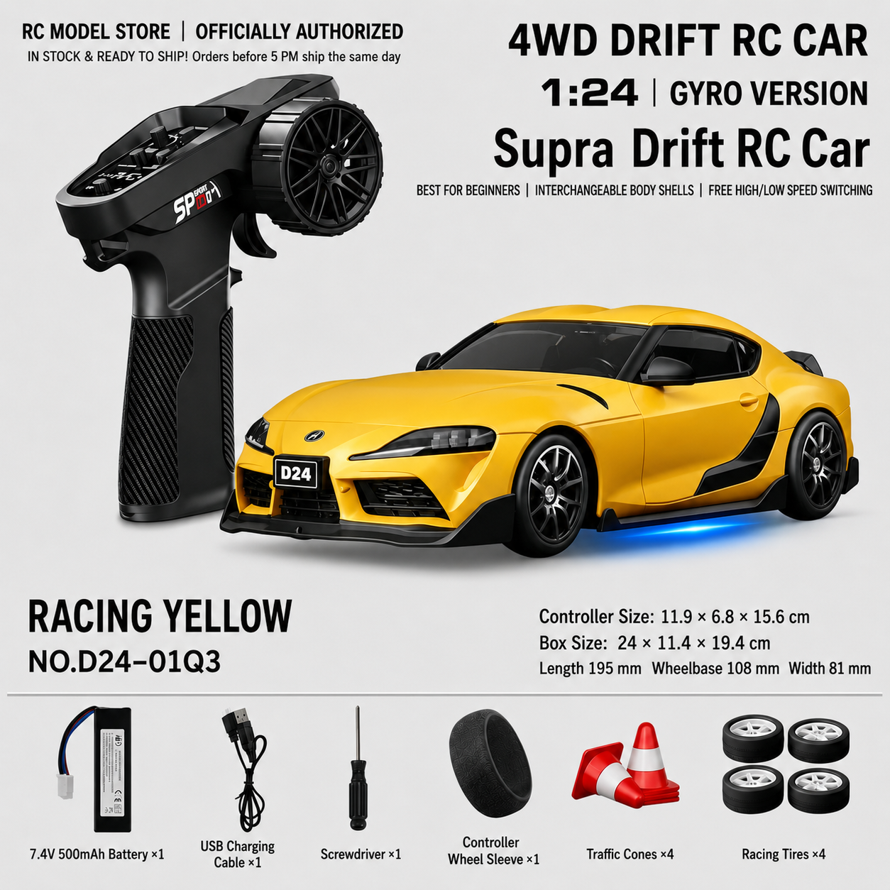 Toyota GR Supra&Dodge Challenger&Porsche 911 GT3 RS&Subaru WRX STI&Toyota AE86 Trueno 1:24 Scale 4WD RC Drift Car – Full Proportional Mini Drift Racing Car with Adjustable Speed