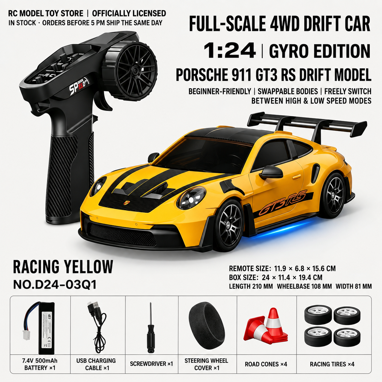 Toyota GR Supra&Dodge Challenger&Porsche 911 GT3 RS&Subaru WRX STI&Toyota AE86 Trueno 1:24 Scale 4WD RC Drift Car – Full Proportional Mini Drift Racing Car with Adjustable Speed