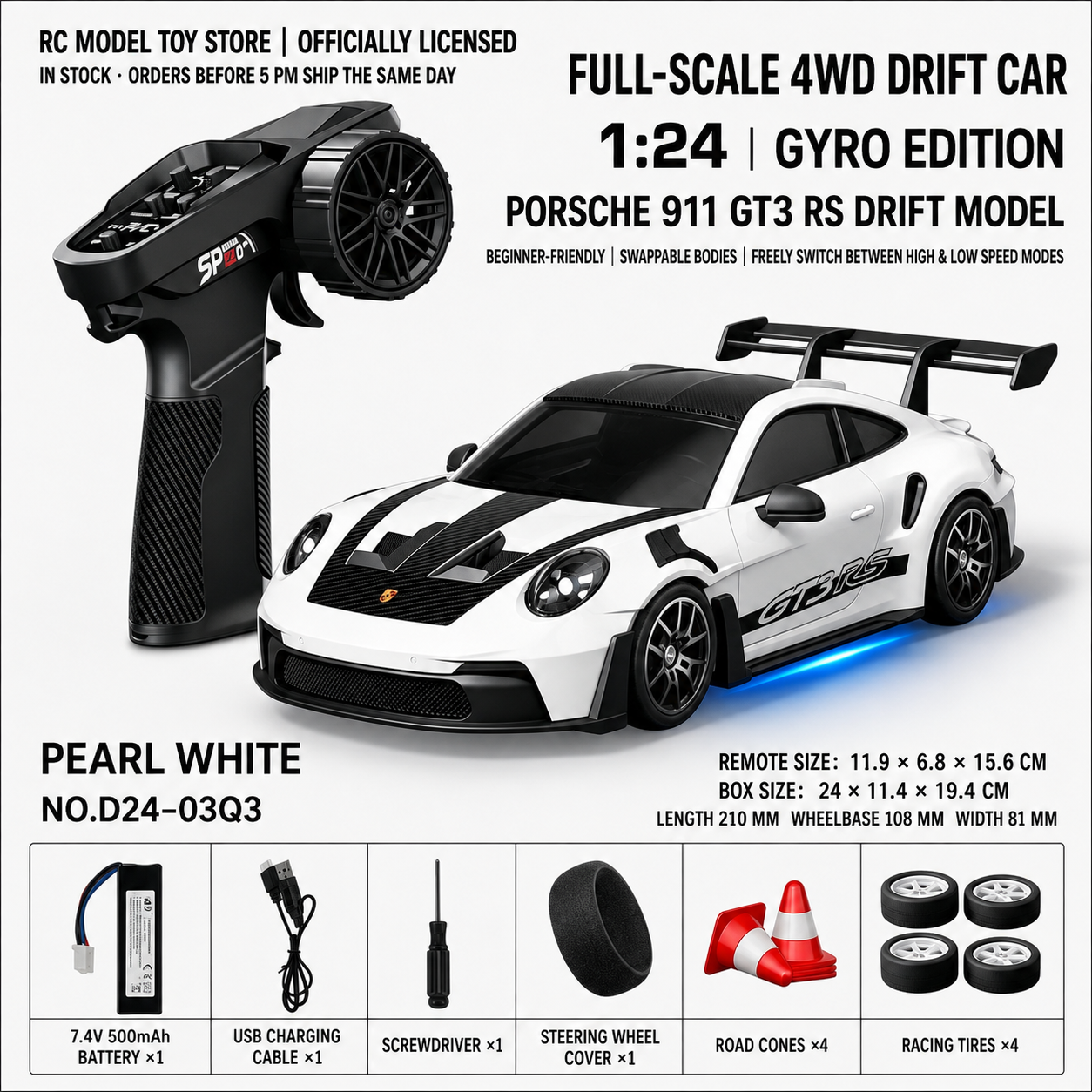 Toyota GR Supra&Dodge Challenger&Porsche 911 GT3 RS&Subaru WRX STI&Toyota AE86 Trueno 1:24 Scale 4WD RC Drift Car – Full Proportional Mini Drift Racing Car with Adjustable Speed