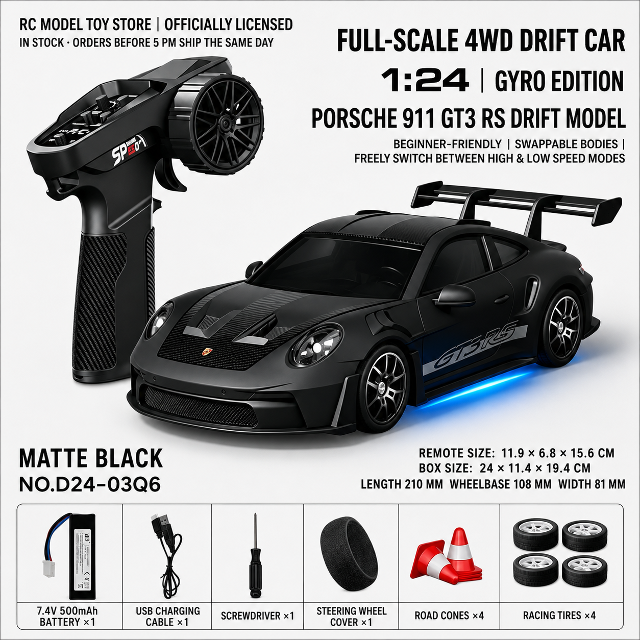 Toyota GR Supra&Dodge Challenger&Porsche 911 GT3 RS&Subaru WRX STI&Toyota AE86 Trueno 1:24 Scale 4WD RC Drift Car – Full Proportional Mini Drift Racing Car with Adjustable Speed