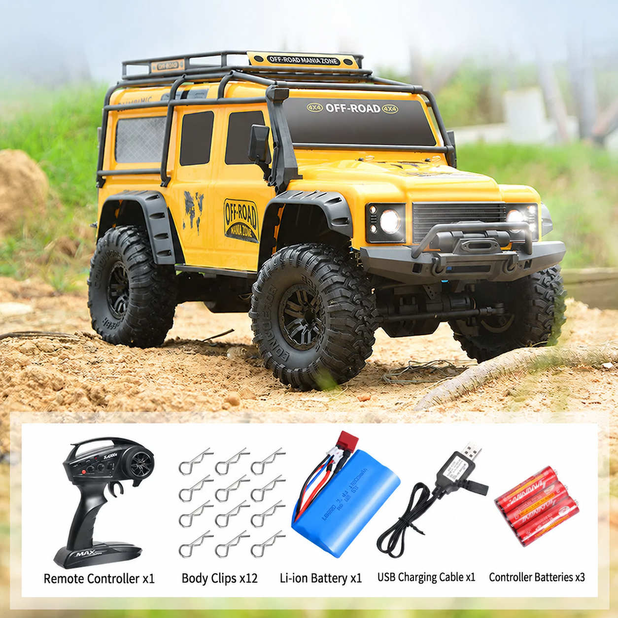 1:10 Scale 4WD RC Off-Road Rock Crawler with Lights – Full-Function Remote Control Toy Truck
