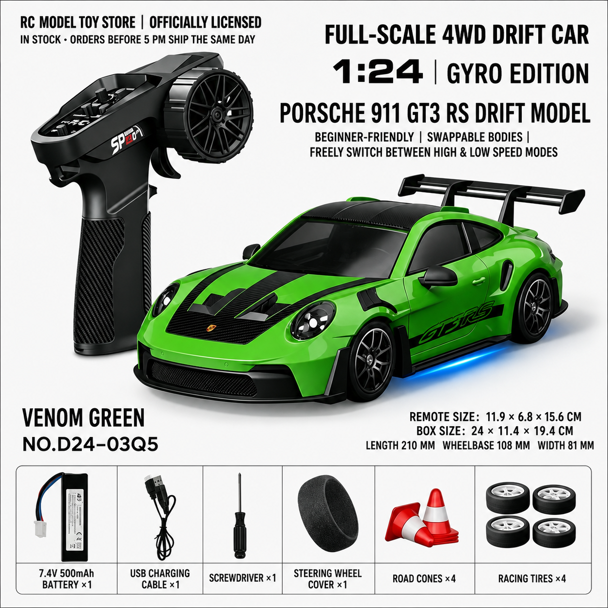 Toyota GR Supra&Dodge Challenger&Porsche 911 GT3 RS&Subaru WRX STI&Toyota AE86 Trueno 1:24 Scale 4WD RC Drift Car – Full Proportional Mini Drift Racing Car with Adjustable Speed
