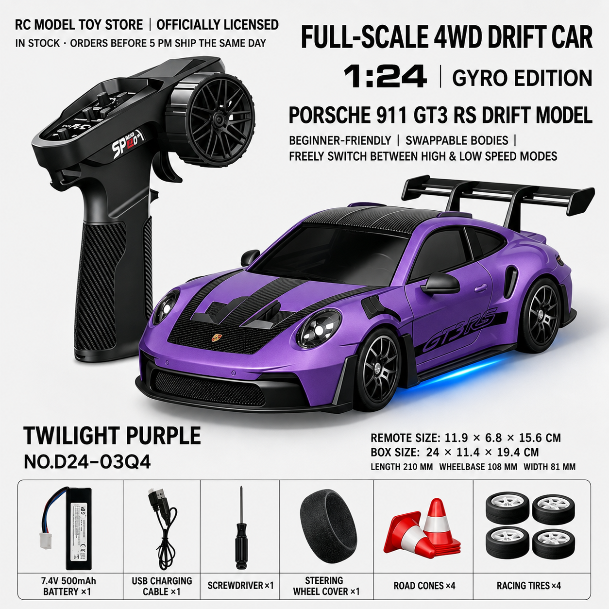Toyota GR Supra&Dodge Challenger&Porsche 911 GT3 RS&Subaru WRX STI&Toyota AE86 Trueno 1:24 Scale 4WD RC Drift Car – Full Proportional Mini Drift Racing Car with Adjustable Speed