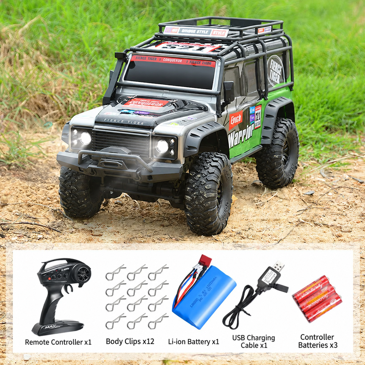 1:10 Scale 4WD RC Off-Road Rock Crawler with Lights – Full-Function Remote Control Toy Truck