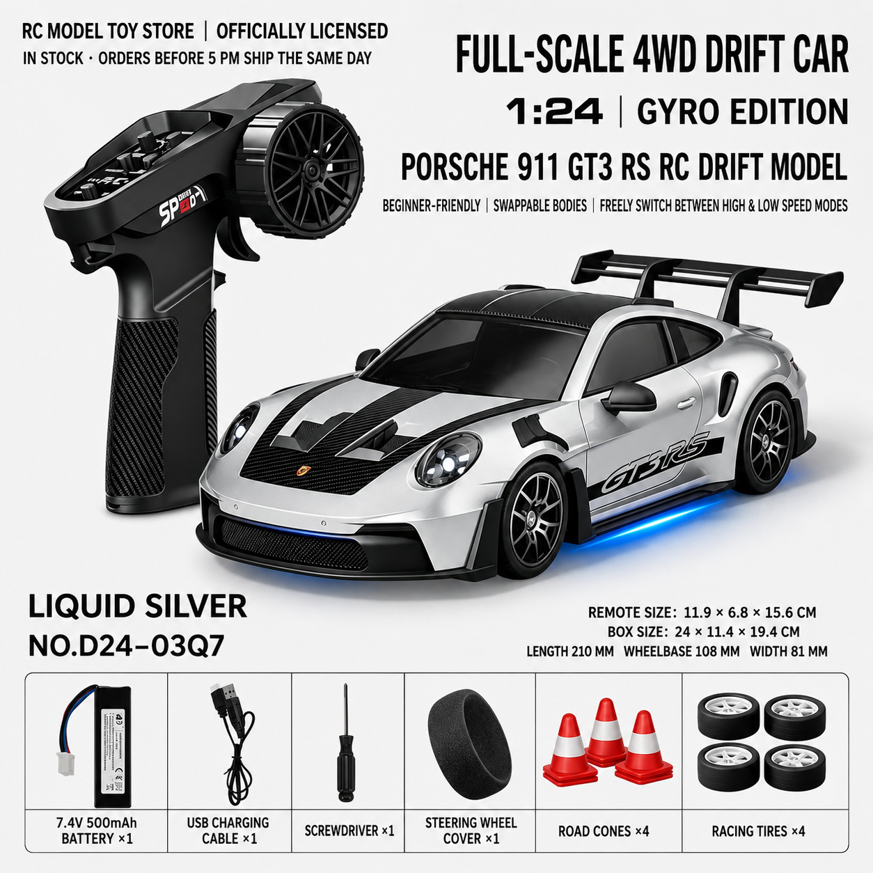 Toyota GR Supra&Dodge Challenger&Porsche 911 GT3 RS&Subaru WRX STI&Toyota AE86 Trueno 1:24 Scale 4WD RC Drift Car – Full Proportional Mini Drift Racing Car with Adjustable Speed
