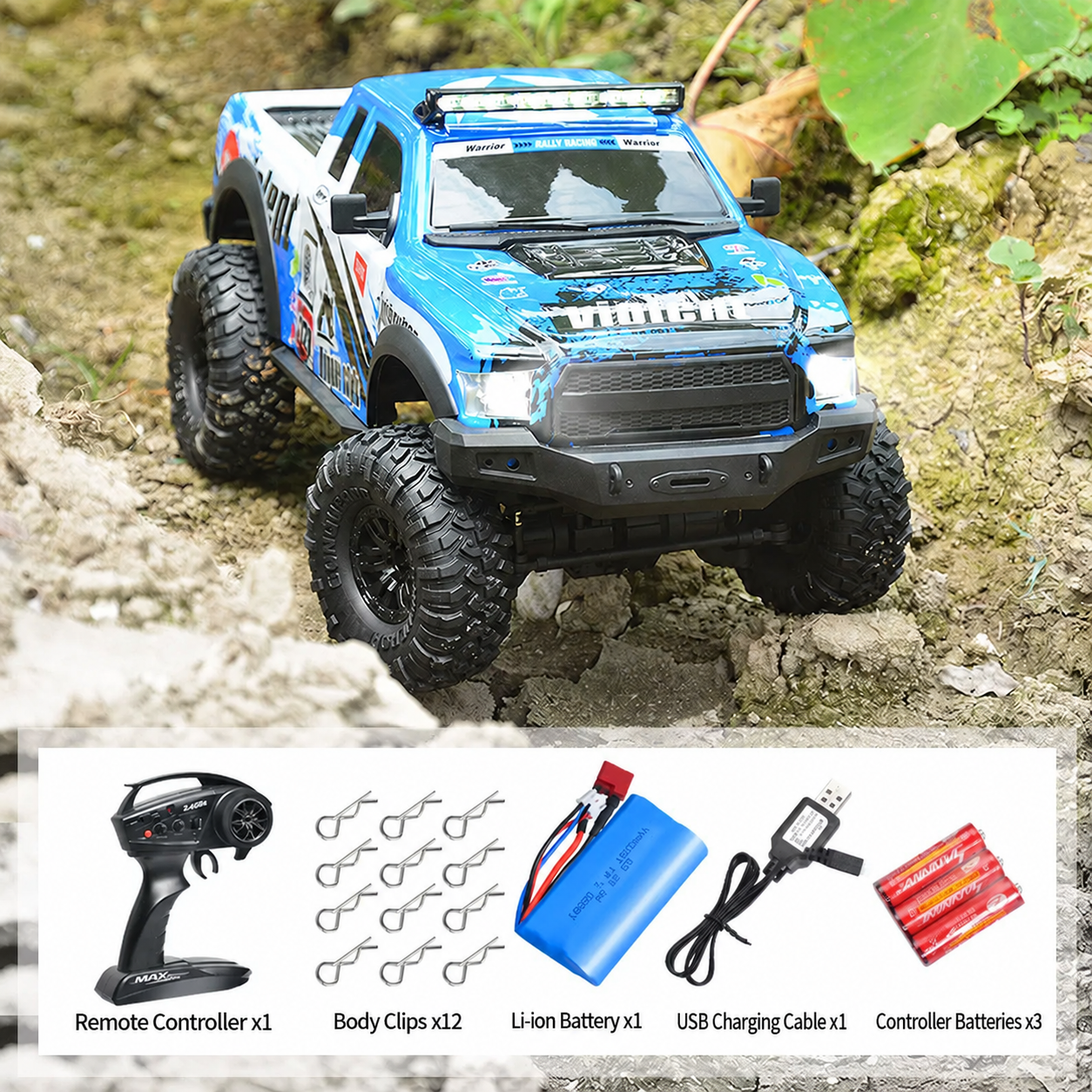 1:10 Scale 4WD RC Off-Road Rock Crawler with Lights – Full-Function Remote Control Toy Truck