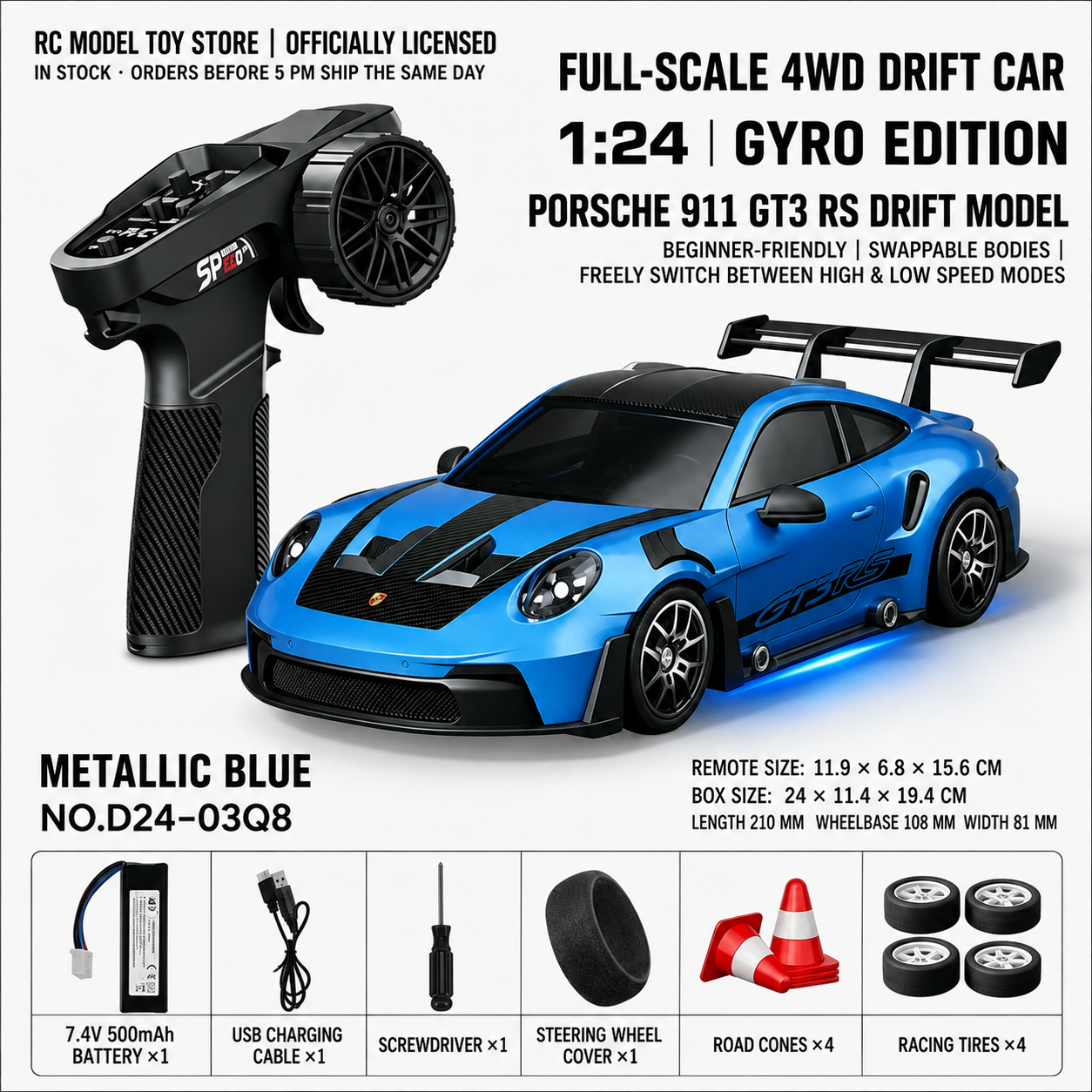 Toyota GR Supra&Dodge Challenger&Porsche 911 GT3 RS&Subaru WRX STI&Toyota AE86 Trueno 1:24 Scale 4WD RC Drift Car – Full Proportional Mini Drift Racing Car with Adjustable Speed