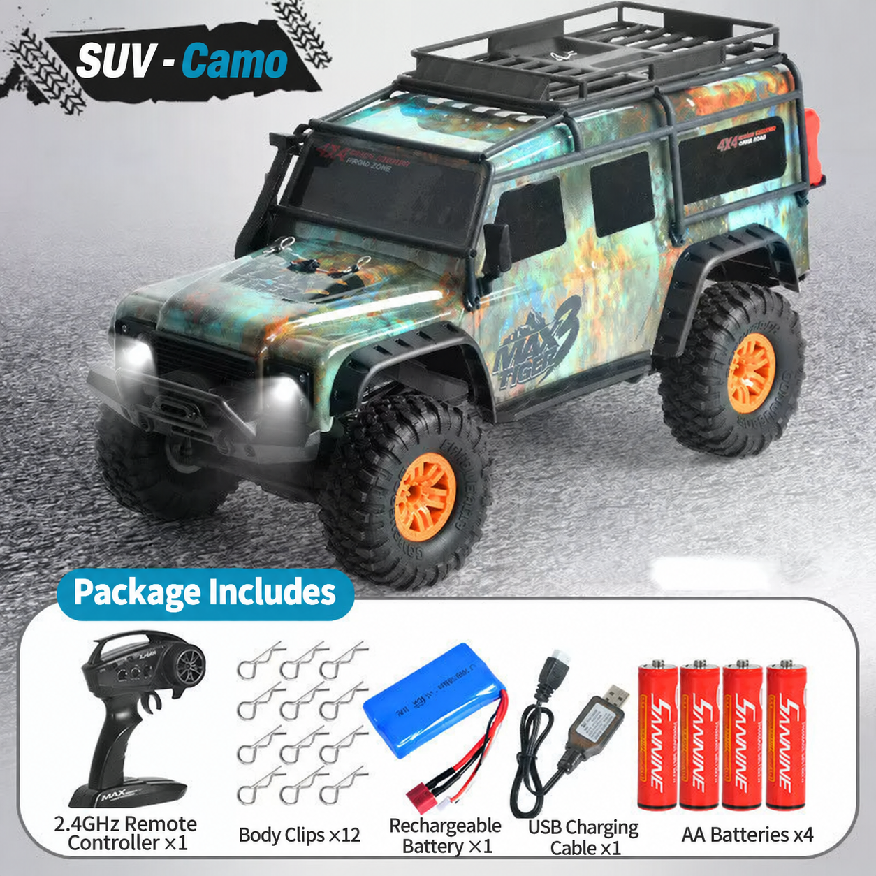 1:10 Scale 4WD RC Off-Road Rock Crawler with Lights – Full-Function Remote Control Toy Truck