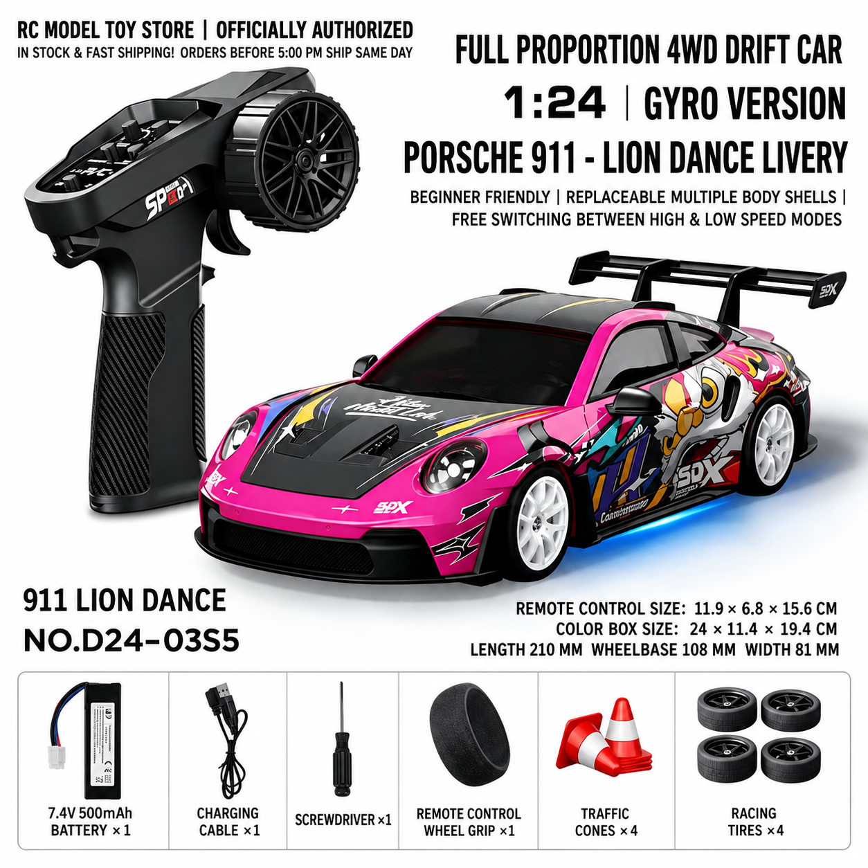 Toyota GR Supra&Dodge Challenger&Porsche 911 GT3 RS&Subaru WRX STI&Toyota AE86 Trueno 1:24 Scale 4WD RC Drift Car – Full Proportional Mini Drift Racing Car with Adjustable Speed
