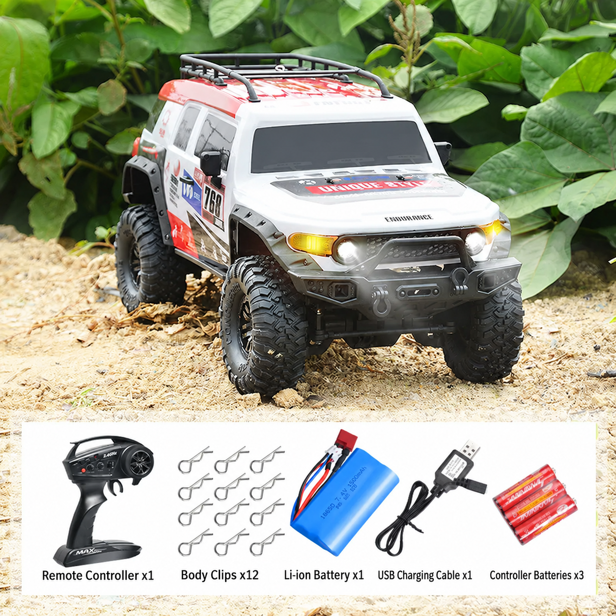 1:10 Scale 4WD RC Off-Road Rock Crawler with Lights – Full-Function Remote Control Toy Truck