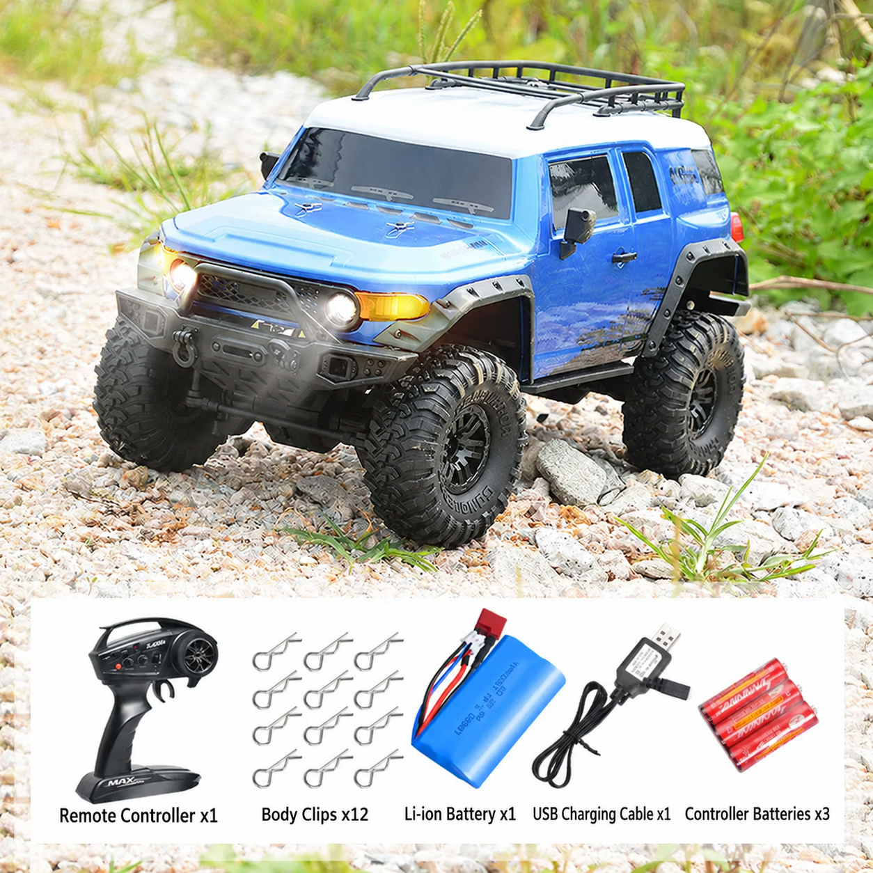 1:10 Scale 4WD RC Off-Road Rock Crawler with Lights – Full-Function Remote Control Toy Truck