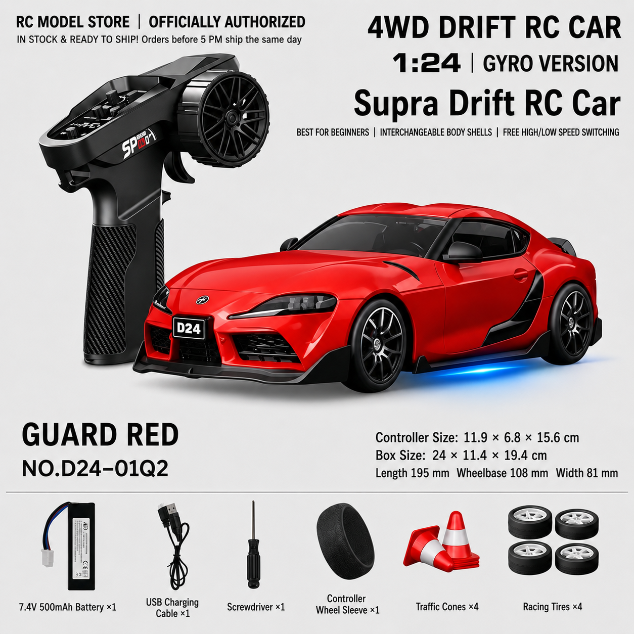 Toyota GR Supra&Dodge Challenger&Porsche 911 GT3 RS&Subaru WRX STI&Toyota AE86 Trueno 1:24 Scale 4WD RC Drift Car – Full Proportional Mini Drift Racing Car with Adjustable Speed