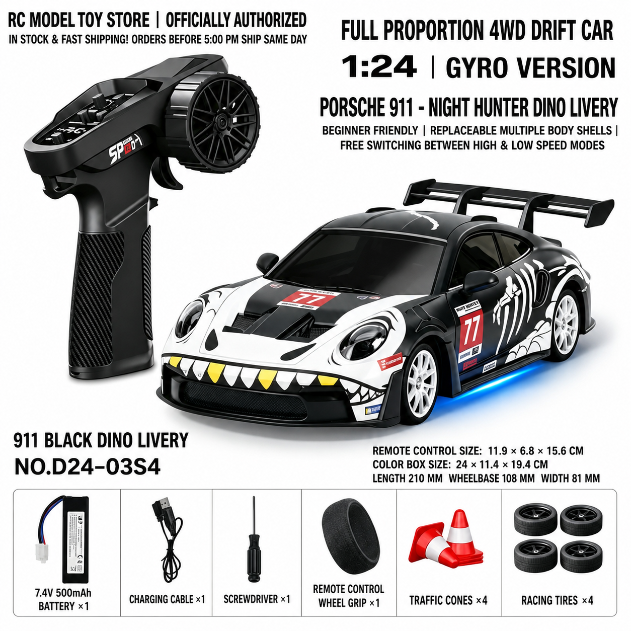 Toyota GR Supra&Dodge Challenger&Porsche 911 GT3 RS&Subaru WRX STI&Toyota AE86 Trueno 1:24 Scale 4WD RC Drift Car – Full Proportional Mini Drift Racing Car with Adjustable Speed