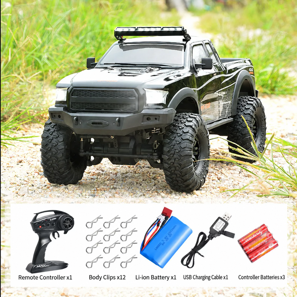 1:10 Scale 4WD RC Off-Road Rock Crawler with Lights – Full-Function Remote Control Toy Truck