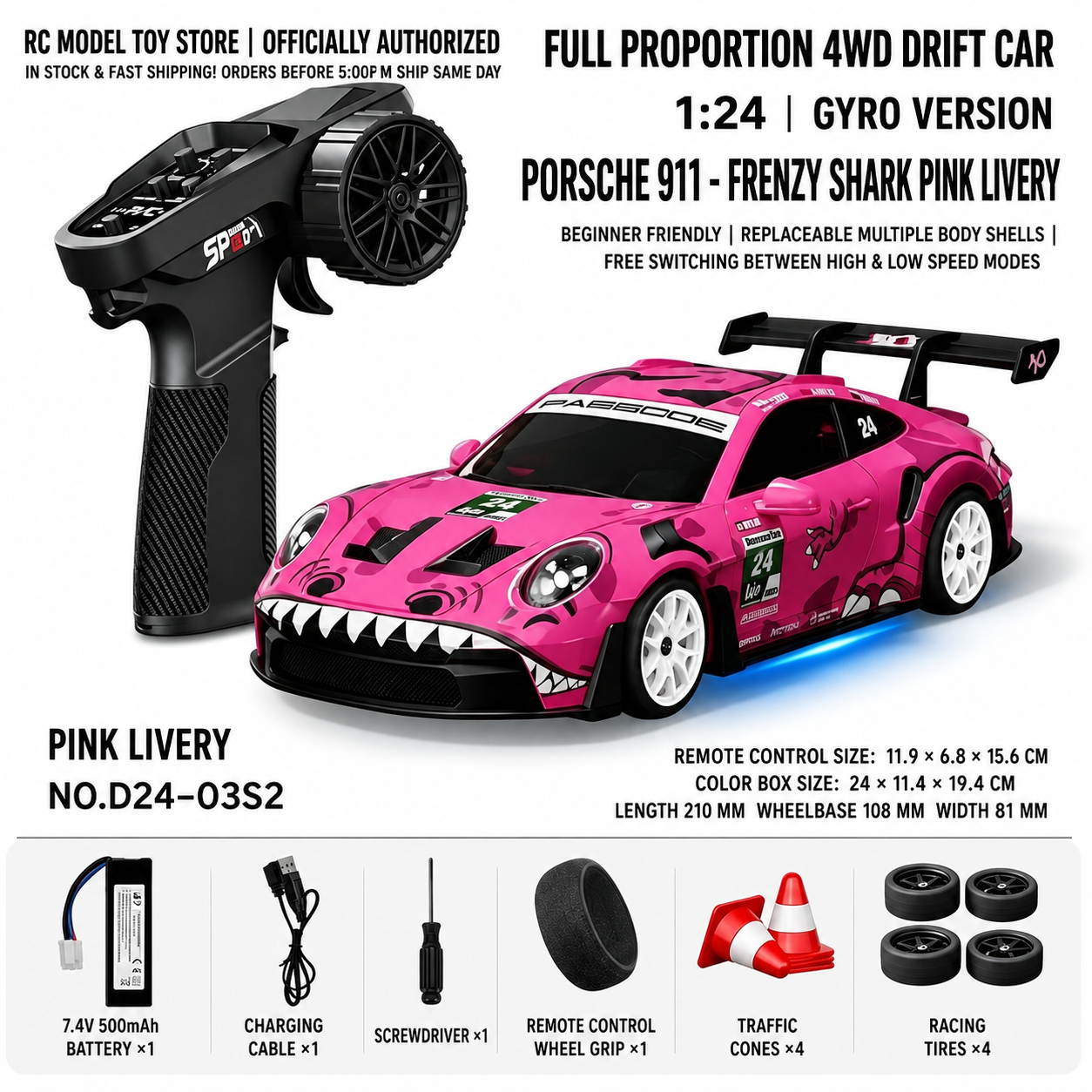 Toyota GR Supra&Dodge Challenger&Porsche 911 GT3 RS&Subaru WRX STI&Toyota AE86 Trueno 1:24 Scale 4WD RC Drift Car – Full Proportional Mini Drift Racing Car with Adjustable Speed