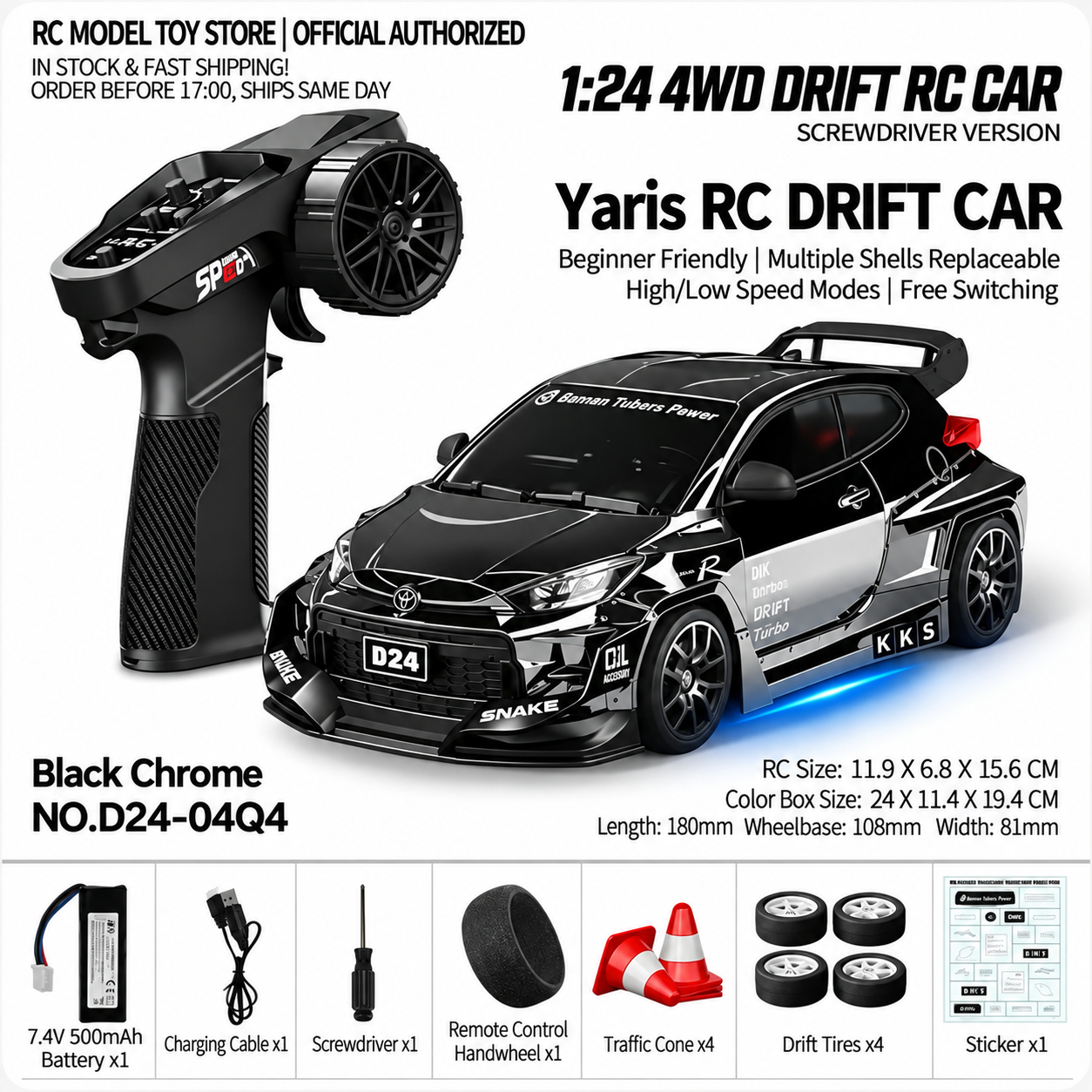 Toyota GR Supra&Dodge Challenger&Porsche 911 GT3 RS&Subaru WRX STI&Toyota AE86 Trueno 1:24 Scale 4WD RC Drift Car – Full Proportional Mini Drift Racing Car with Adjustable Speed