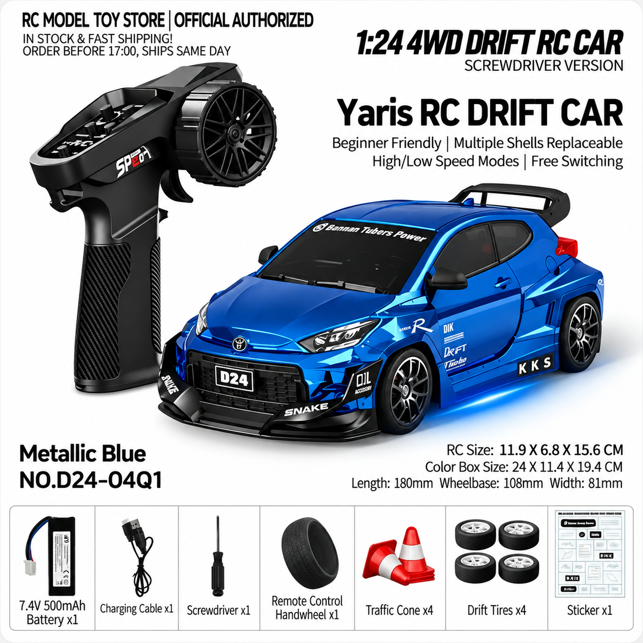 Toyota GR Supra&Dodge Challenger&Porsche 911 GT3 RS&Subaru WRX STI&Toyota AE86 Trueno 1:24 Scale 4WD RC Drift Car – Full Proportional Mini Drift Racing Car with Adjustable Speed