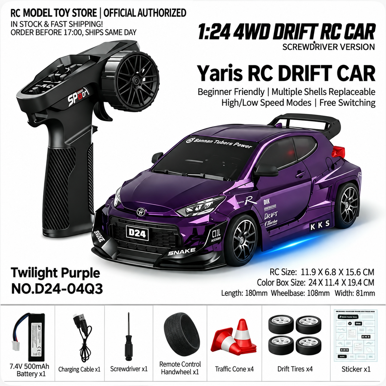 Toyota GR Supra&Dodge Challenger&Porsche 911 GT3 RS&Subaru WRX STI&Toyota AE86 Trueno 1:24 Scale 4WD RC Drift Car – Full Proportional Mini Drift Racing Car with Adjustable Speed