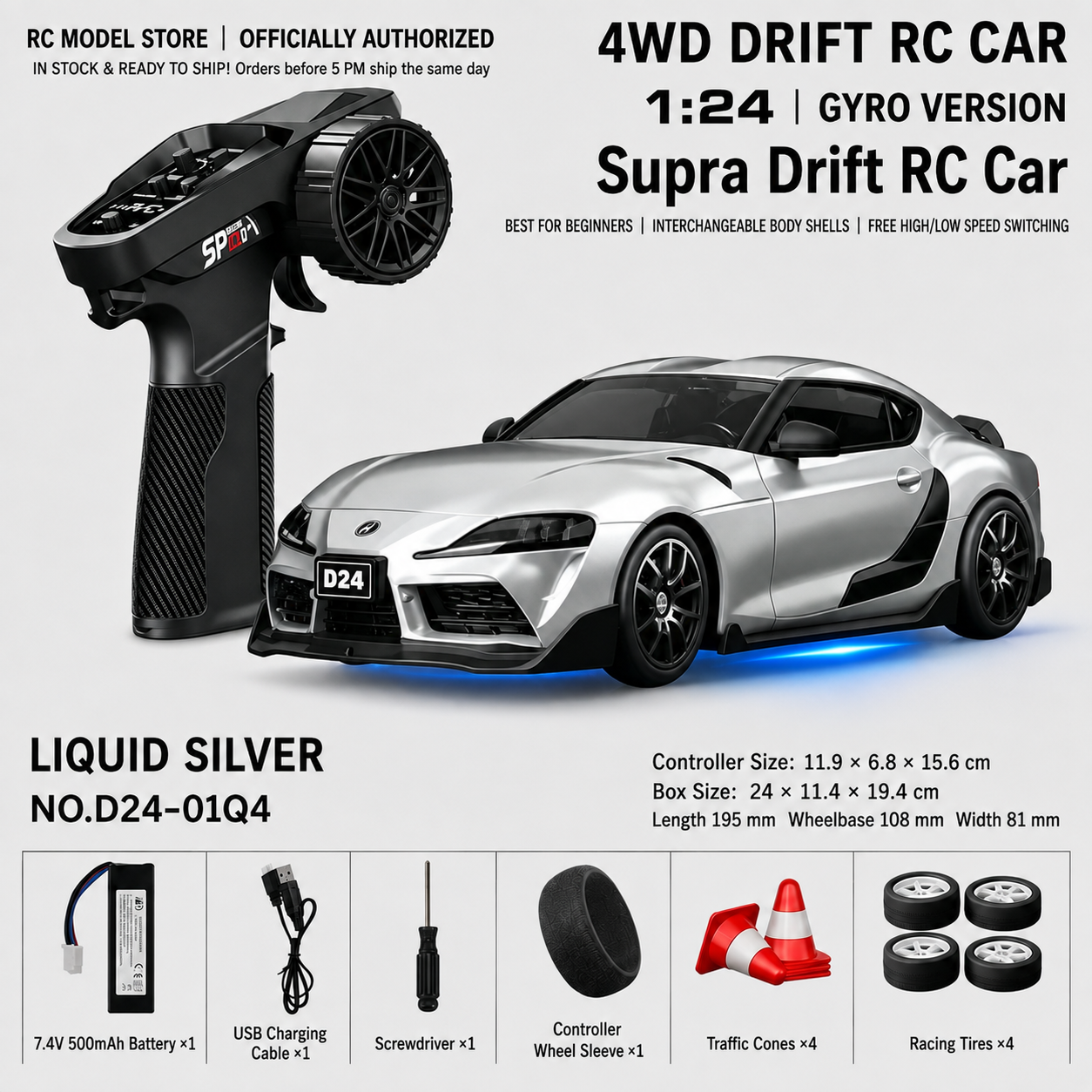 Toyota GR Supra&Dodge Challenger&Porsche 911 GT3 RS&Subaru WRX STI&Toyota AE86 Trueno 1:24 Scale 4WD RC Drift Car – Full Proportional Mini Drift Racing Car with Adjustable Speed