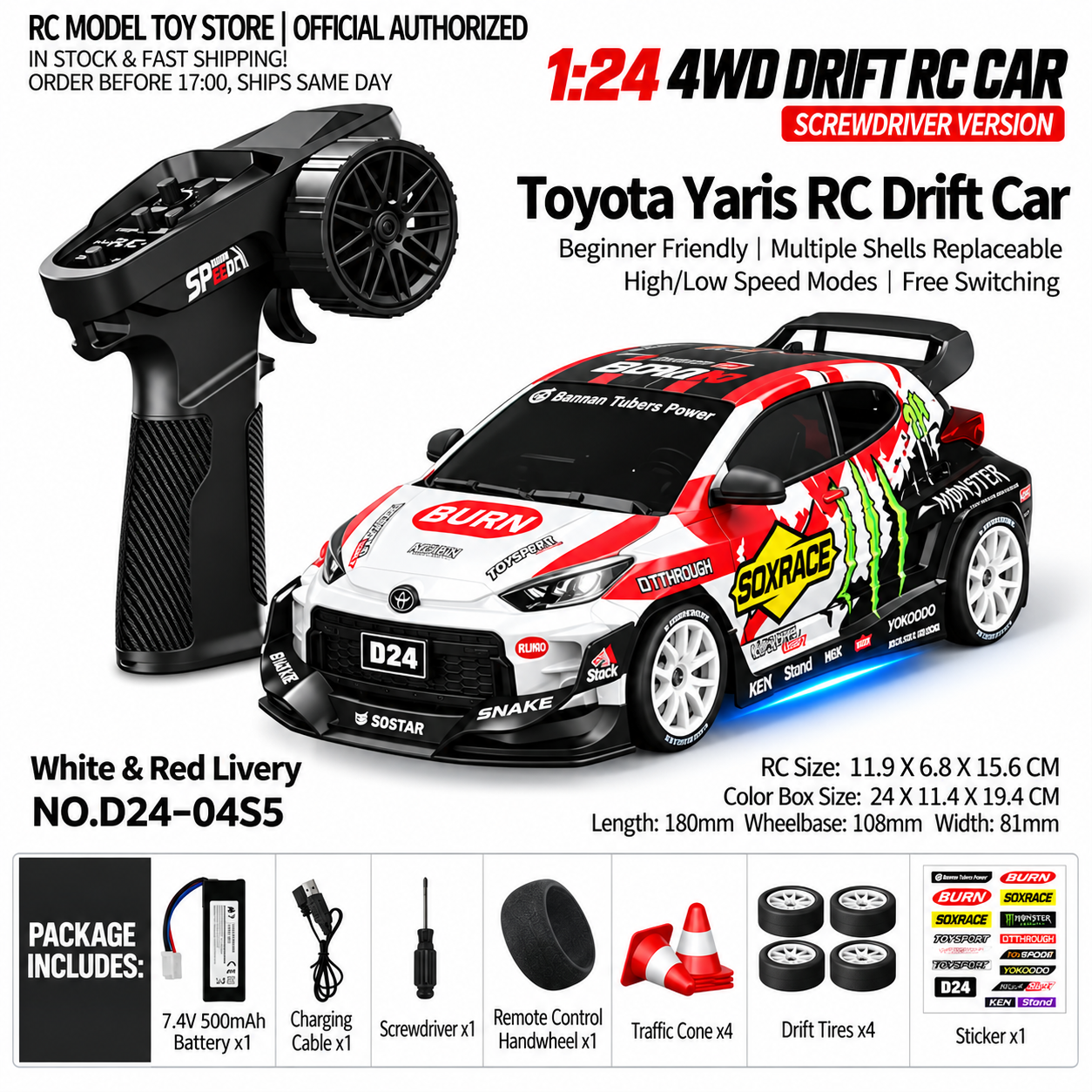 Toyota GR Supra&Dodge Challenger&Porsche 911 GT3 RS&Subaru WRX STI&Toyota AE86 Trueno 1:24 Scale 4WD RC Drift Car – Full Proportional Mini Drift Racing Car with Adjustable Speed