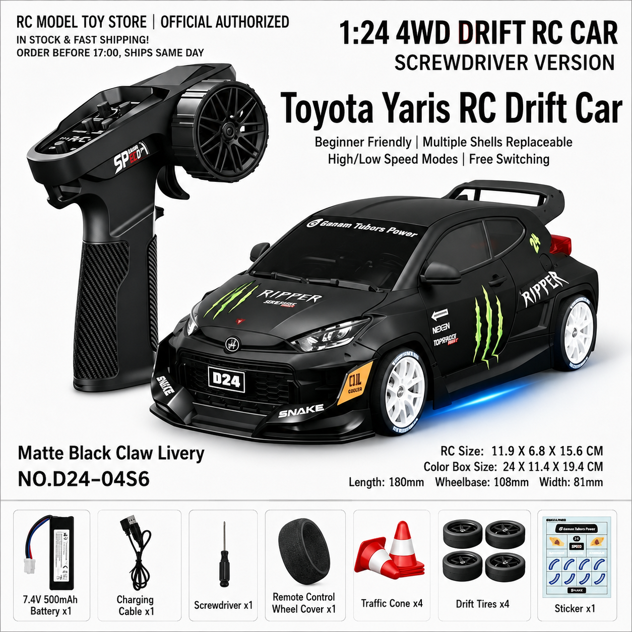 Toyota GR Supra&Dodge Challenger&Porsche 911 GT3 RS&Subaru WRX STI&Toyota AE86 Trueno 1:24 Scale 4WD RC Drift Car – Full Proportional Mini Drift Racing Car with Adjustable Speed