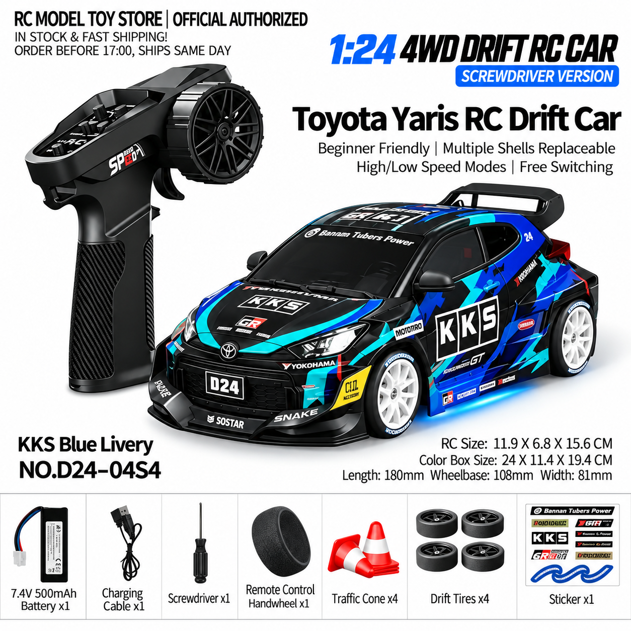 Toyota GR Supra&Dodge Challenger&Porsche 911 GT3 RS&Subaru WRX STI&Toyota AE86 Trueno 1:24 Scale 4WD RC Drift Car – Full Proportional Mini Drift Racing Car with Adjustable Speed