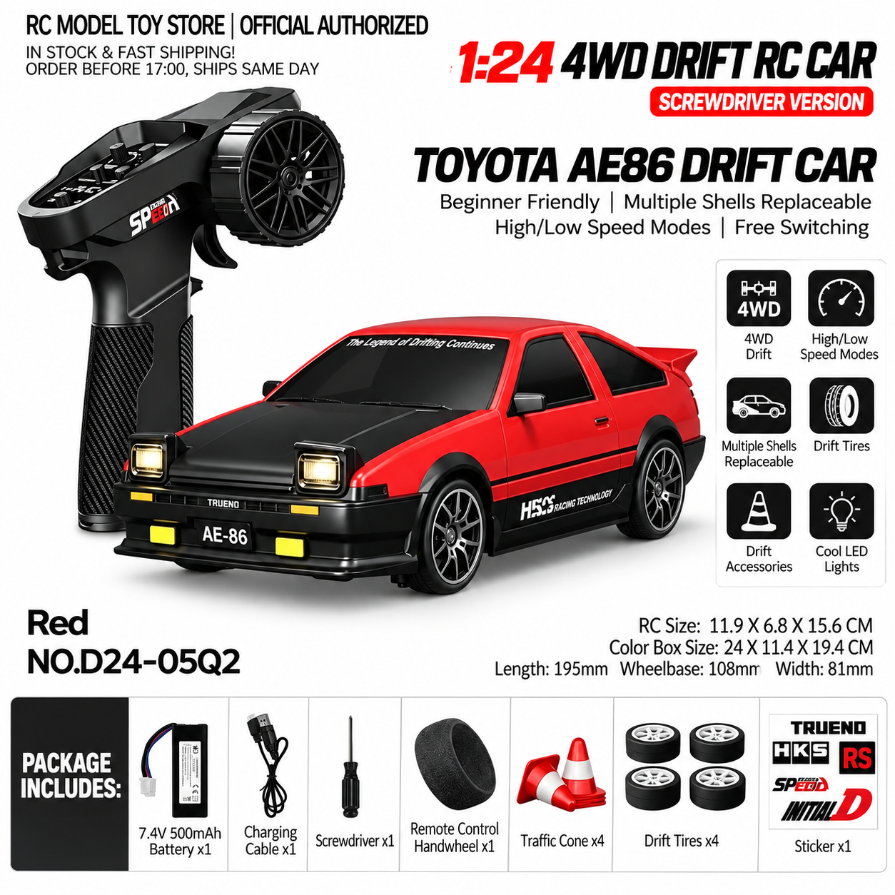 Toyota GR Supra&Dodge Challenger&Porsche 911 GT3 RS&Subaru WRX STI&Toyota AE86 Trueno 1:24 Scale 4WD RC Drift Car – Full Proportional Mini Drift Racing Car with Adjustable Speed