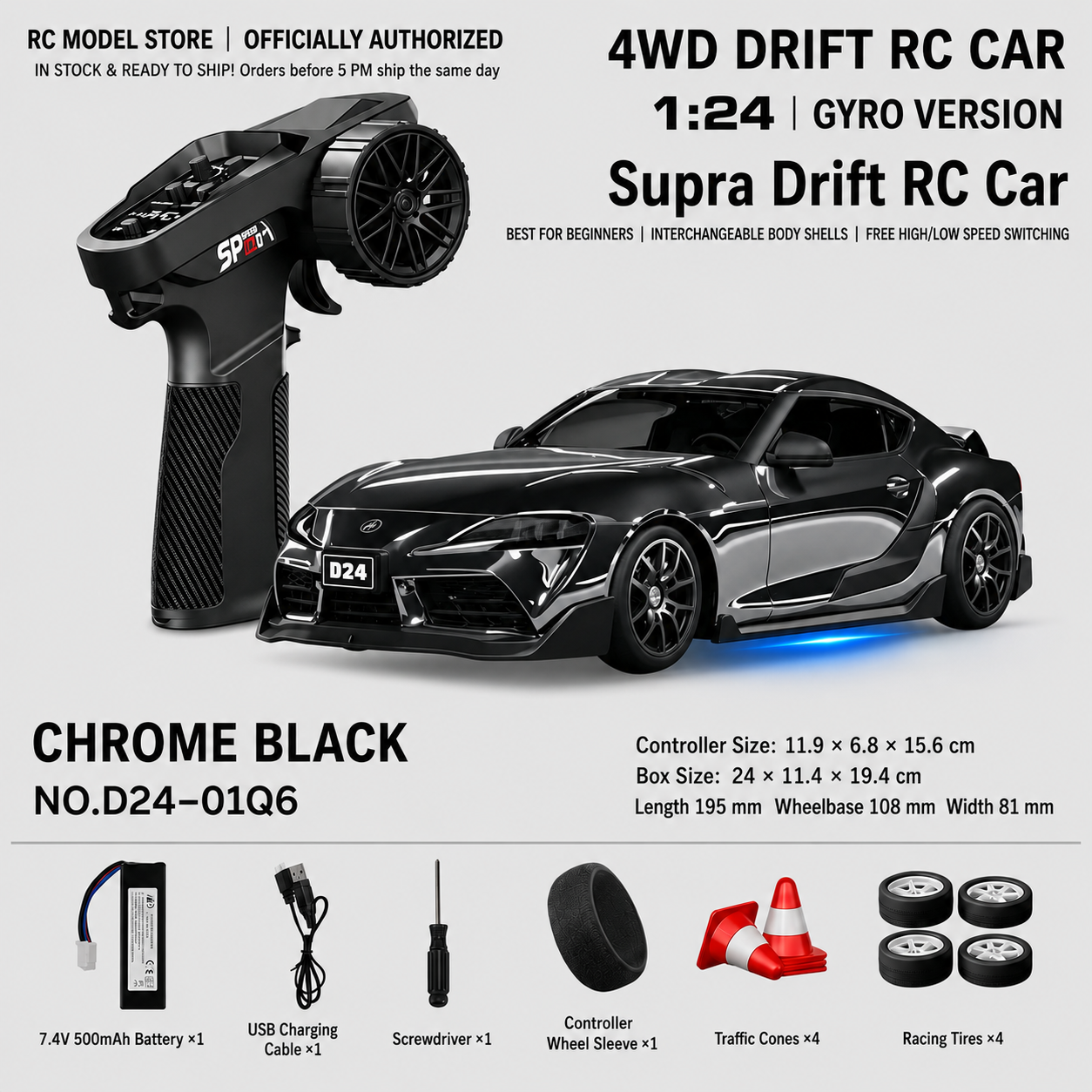 Toyota GR Supra&Dodge Challenger&Porsche 911 GT3 RS&Subaru WRX STI&Toyota AE86 Trueno 1:24 Scale 4WD RC Drift Car – Full Proportional Mini Drift Racing Car with Adjustable Speed