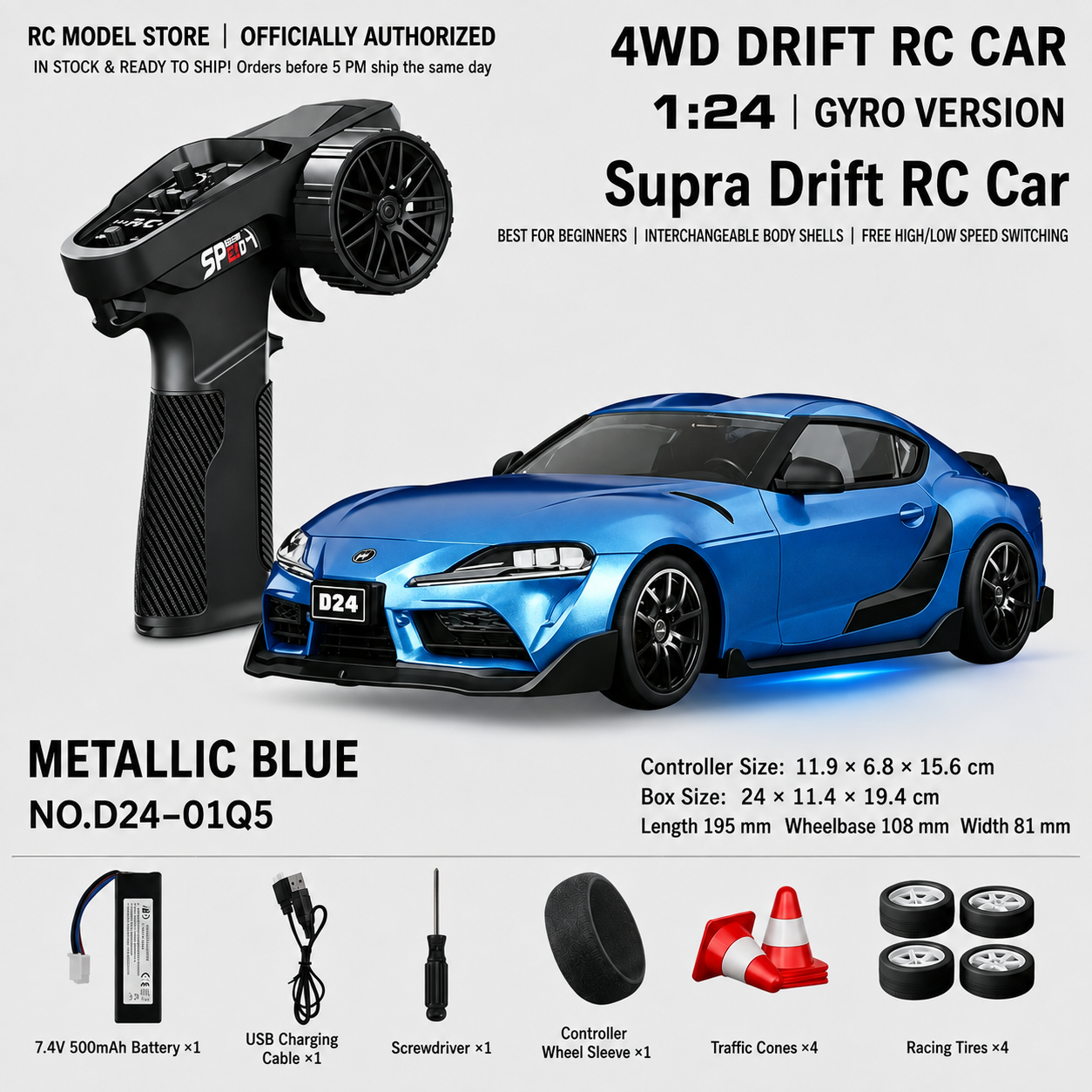 Toyota GR Supra&Dodge Challenger&Porsche 911 GT3 RS&Subaru WRX STI&Toyota AE86 Trueno 1:24 Scale 4WD RC Drift Car – Full Proportional Mini Drift Racing Car with Adjustable Speed