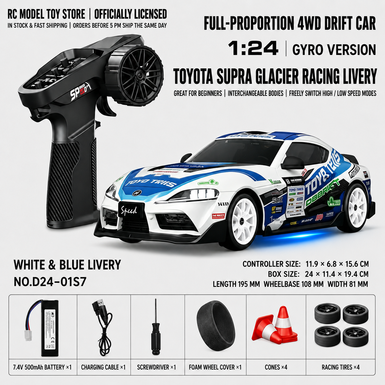 Toyota GR Supra&Dodge Challenger&Porsche 911 GT3 RS&Subaru WRX STI&Toyota AE86 Trueno 1:24 Scale 4WD RC Drift Car – Full Proportional Mini Drift Racing Car with Adjustable Speed