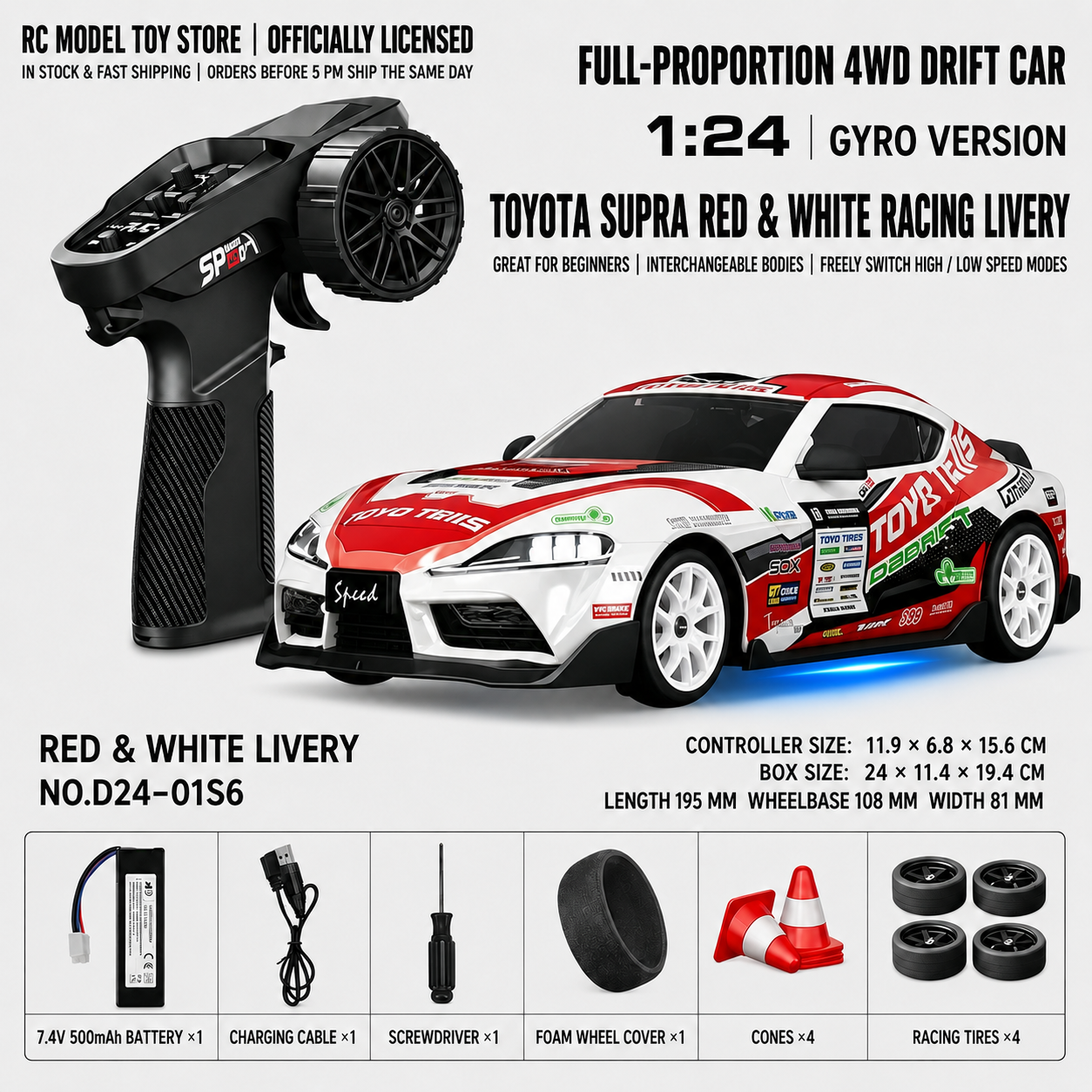 Toyota GR Supra&Dodge Challenger&Porsche 911 GT3 RS&Subaru WRX STI&Toyota AE86 Trueno 1:24 Scale 4WD RC Drift Car – Full Proportional Mini Drift Racing Car with Adjustable Speed