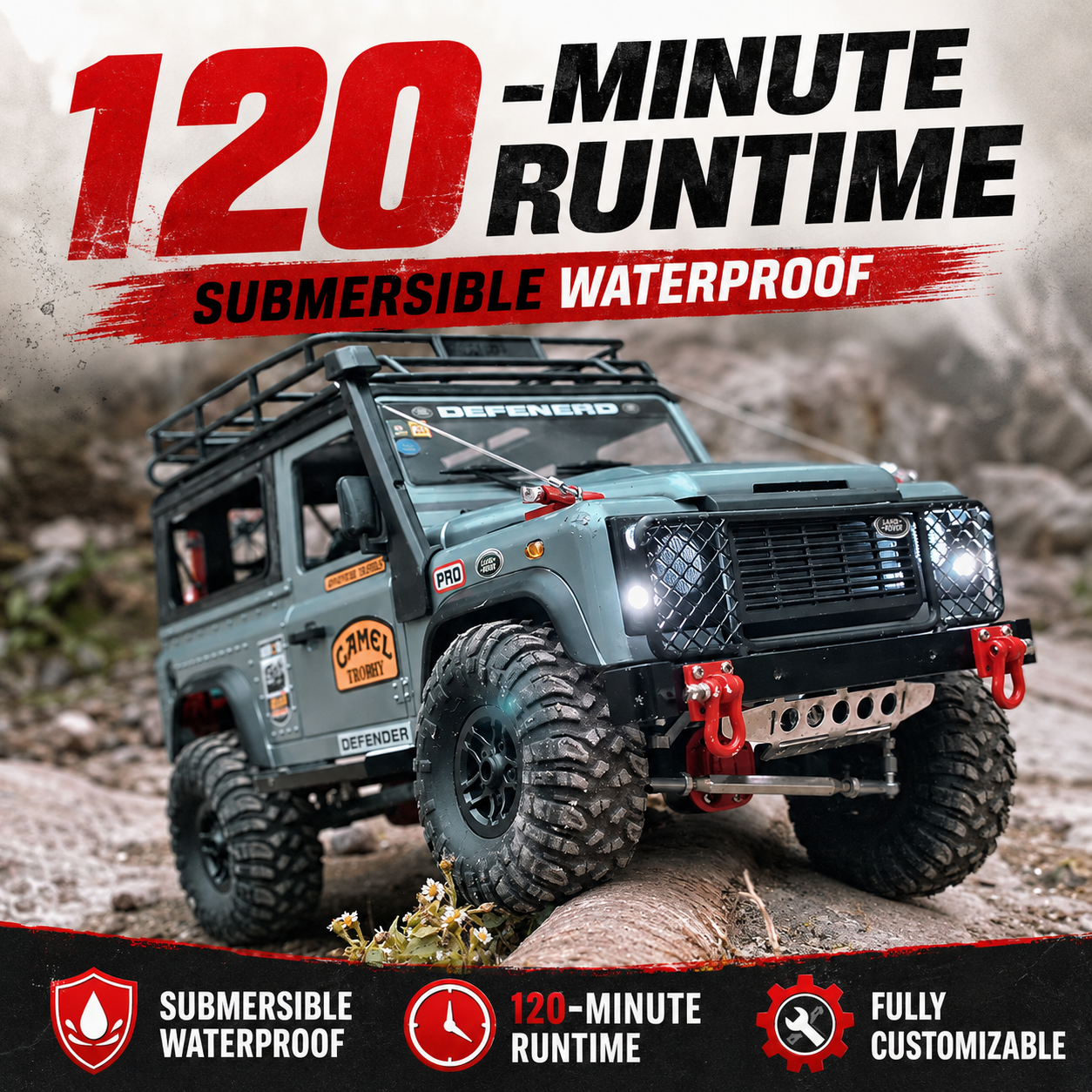 1:12 Land Rover Defender 90 4WD RC Rock Crawler – Full Proportional Off-Road Remote Control SUV with Water-Resistant Design