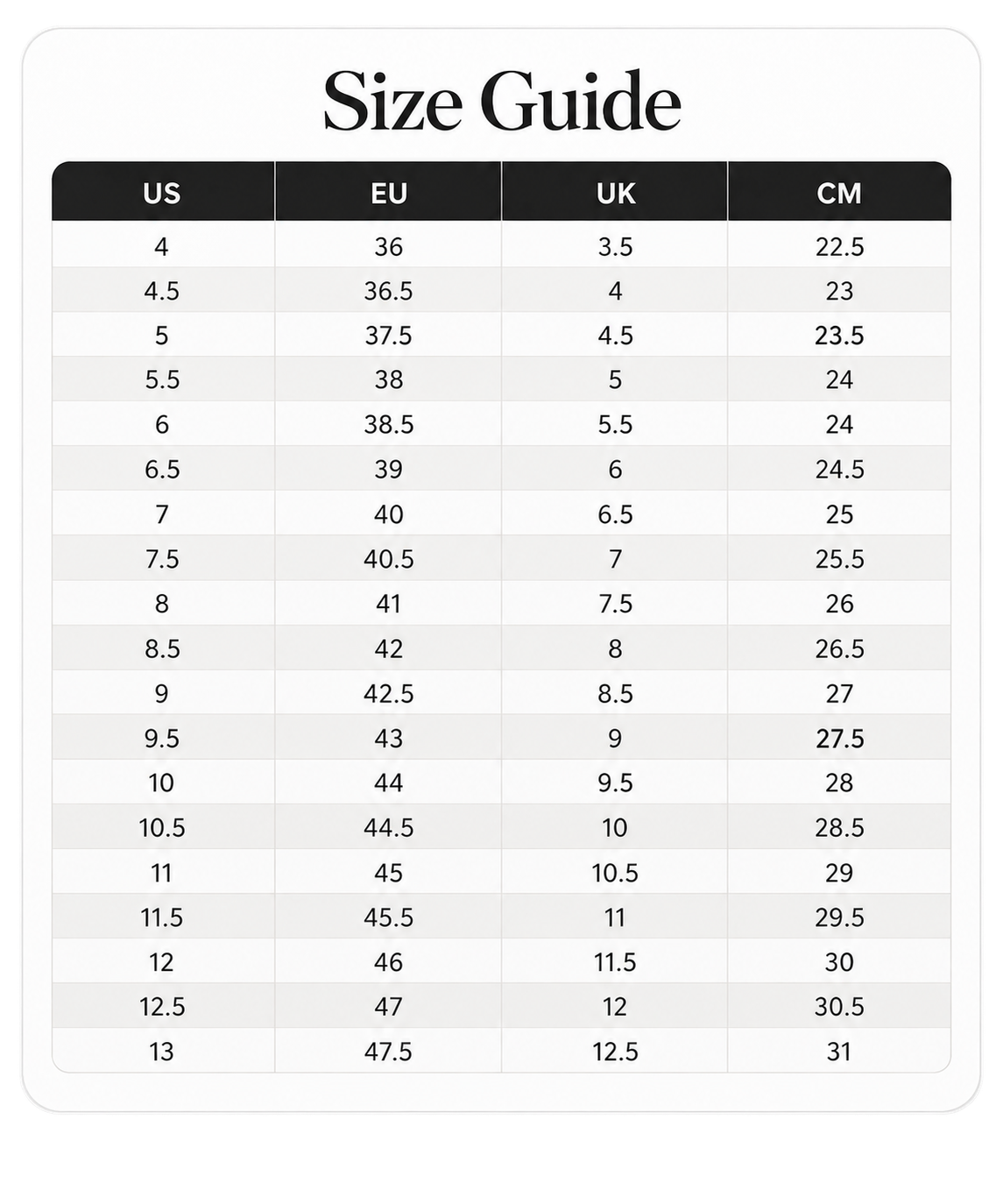 J4 Retro original size chart