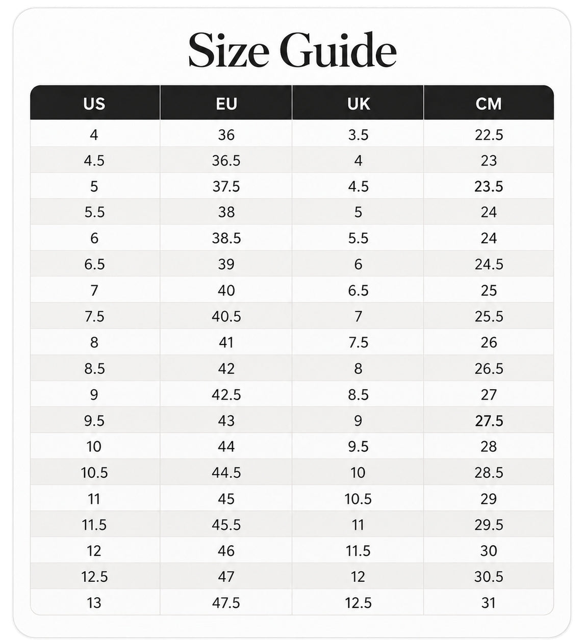 Original size chart for AF1 Low Triple White Sneaker