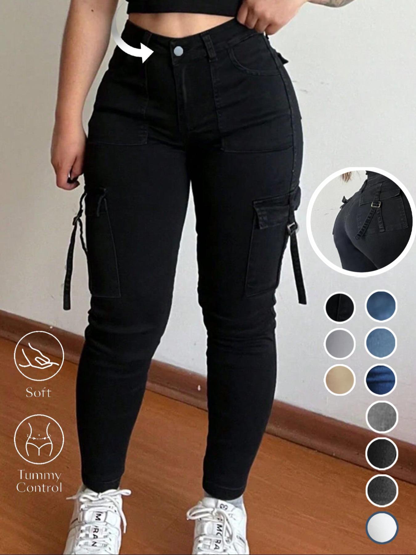 Women's Plain Multi-pocket Denim Elastic Slim Fit Button Cargo Pants, Casual Street Trousers for Everyday Wear, Ladies' Bottoms for All Seasons, Jeans with Pockets, Womenswear