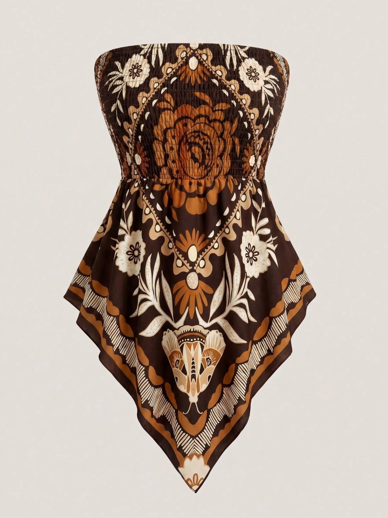 Plus Size Women's Ethnic Print Strapless Top, Bohemian Style Asymmetrical Hem Tube Top, Casual Summer Fashion Top Fit