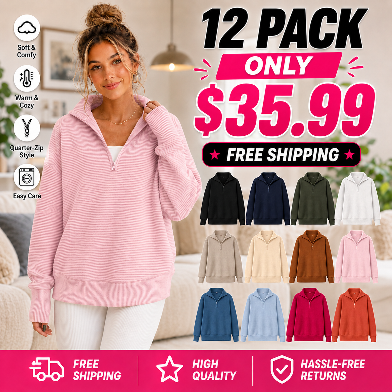 Women’s Casual Ribbed Quarter-Zip Pullover – Loose V-Neck Knit Top with Thumbholes