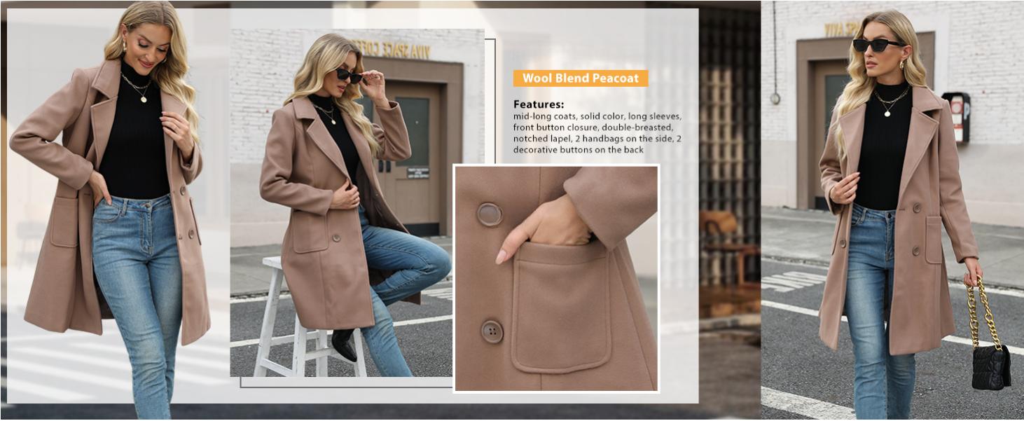 SCUSTY Women Winter Wool Blend Camel Mid-Long Coat Notch Double-Breasted Lapel Jacket Outwear